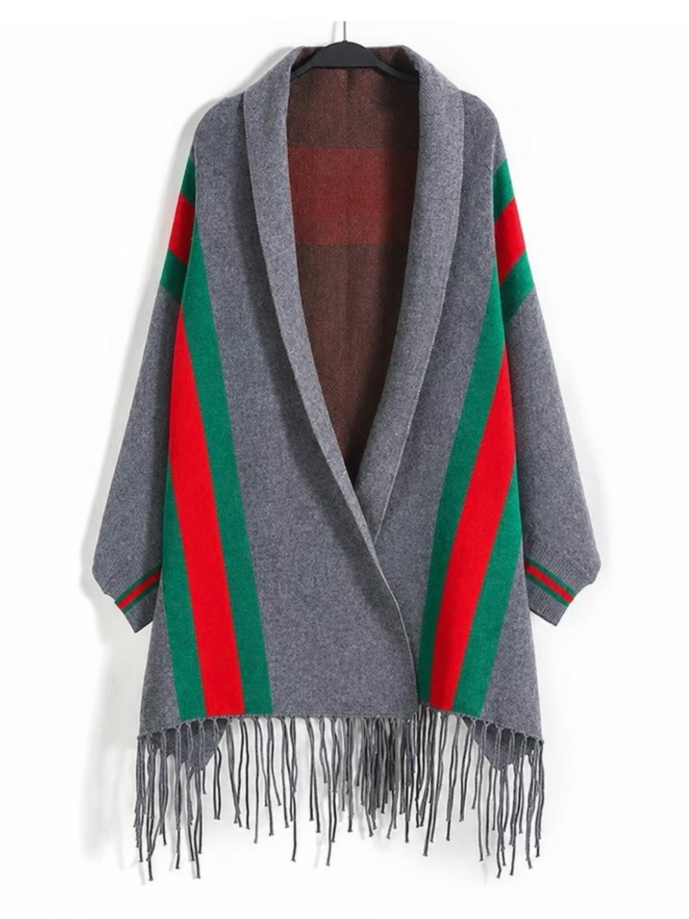 Red/green stripe gray fringe poncho wrap sweater - one size